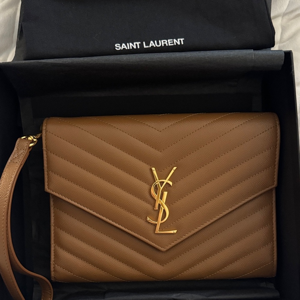 Saint Laurent Tan Quilted Leather Wristlet